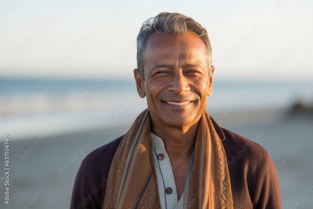 Portrait of handsome mature man smiling at camera while standing on beach Portrait of handsome mature man smiling at camera while standing on beach