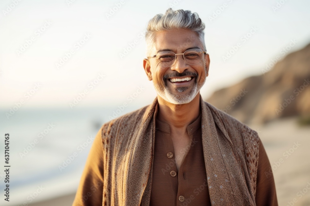 portrait of smiling senior man in eyeglasses standing on beach