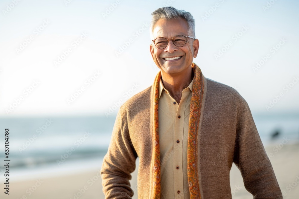 Portrait of smiling senior man standing on beach and looking at camera