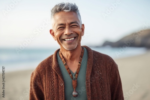 Portrait of smiling senior man standing on beach and looking at camera