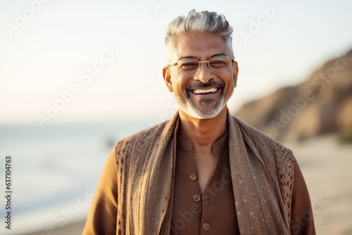 portrait of smiling senior man in eyeglasses standing on beach