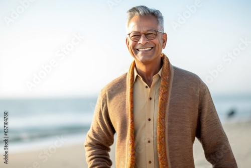 Obraz na płótnie Portrait of smiling senior man standing on beach and looking at camera w salonie
