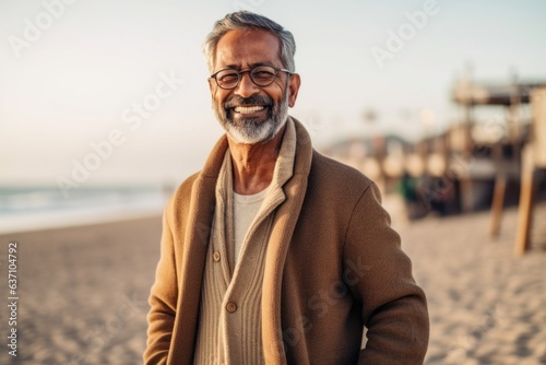 Portrait of a senior man wearing coat and eyeglasses on the beach