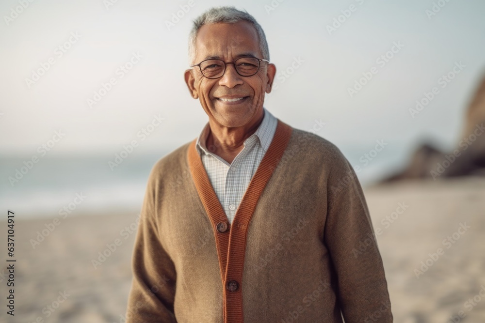 Portrait of happy senior man standing on beach and looking at camera