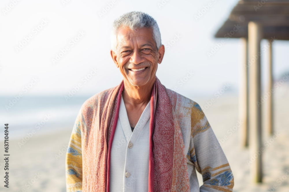 Portrait of happy senior man with towel on the beach at sunrise Portrait of happy senior man with towel on the beach at sunrise