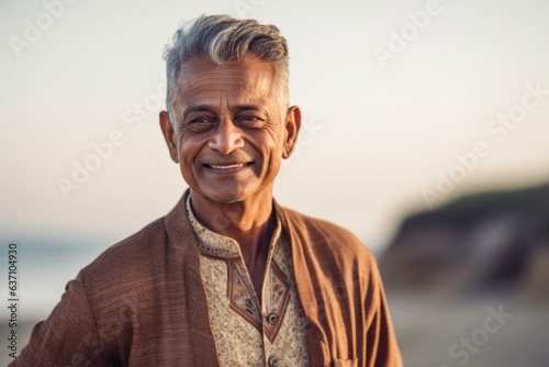 Portrait of senior man smiling at camera on the beach at sunset