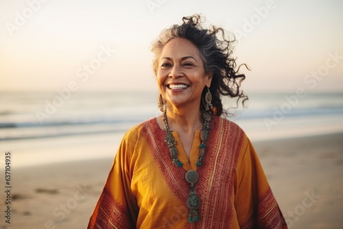 Portrait of happy senior woman smiling at camera on beach during sunset