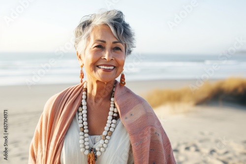 Portrait of smiling senior woman with scarf on the beach at the day time