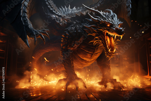 Ferocious fire-breathing dragon with big wings, claws and fangs, a scary mystical creature © staras