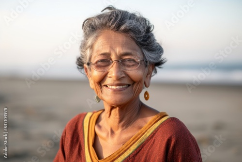 Portrait of a smiling senior woman standing on the beach at sunset