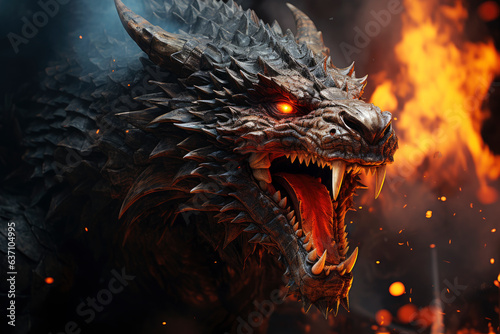 Ferocious fire-breathing dragon close-up, a scary mystical creature © staras