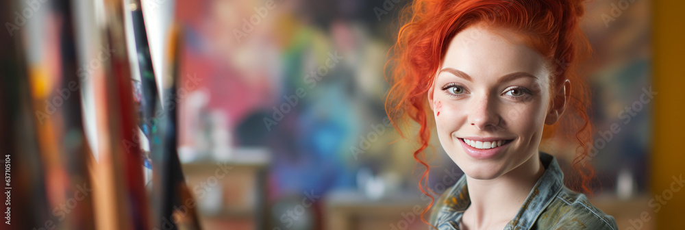 Inspirational redhead female art teacher, illuminated with vibrant splatters of paint, holding brush sideways against an engagingly blurred artistic studio backdrop.