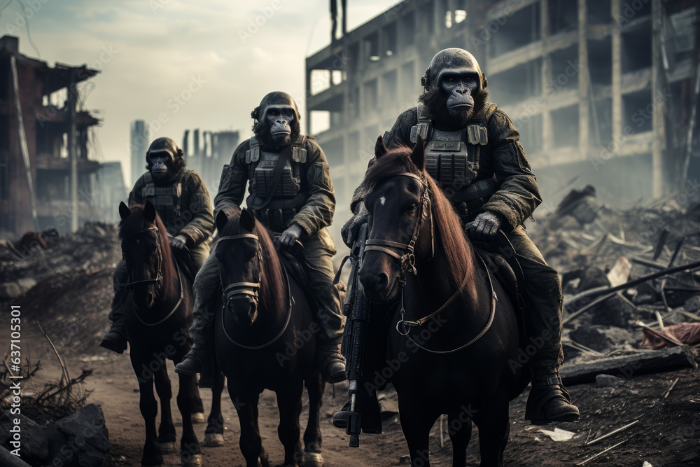 Gorilla soldiers riding on horseback in a post-apocalyptic city Gorilla soldiers riding on horseback in a post-apocalyptic city