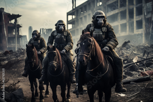 Gorilla soldiers riding on horseback in a post-apocalyptic city © Guido Amrein