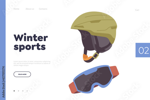 Winter sport equipment landing page template with helmet and goggles for skiing snowboarding design
