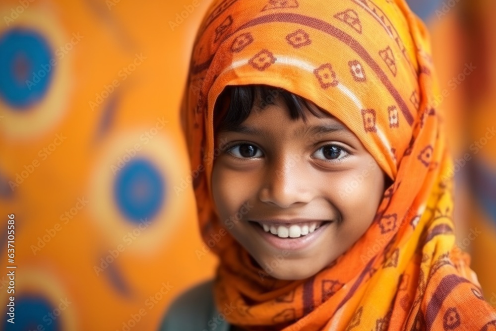 Portrait of a little boy wearing a headscarf and smiling