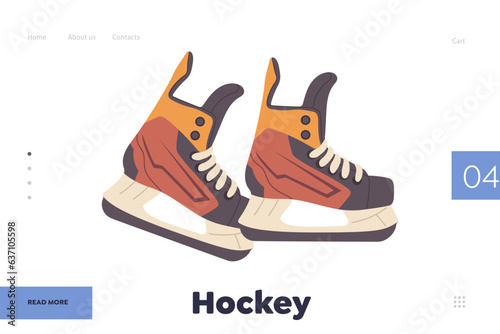 Hockey landing page design template with pair of professional skates athlete sportsman uniform
