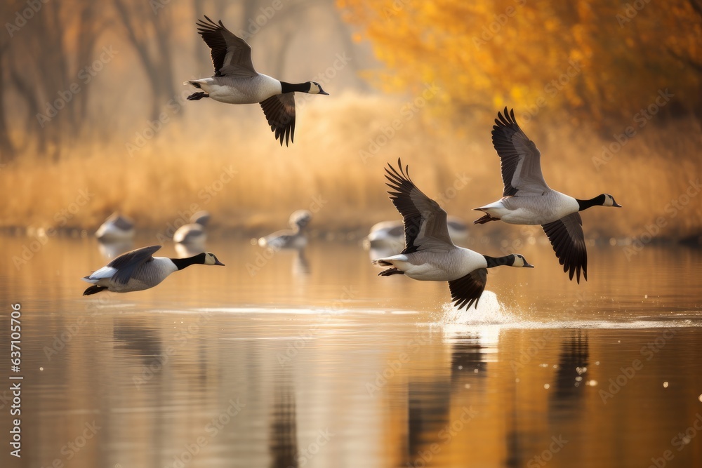 Fototapeta premium A group of birds soaring over a serene lake