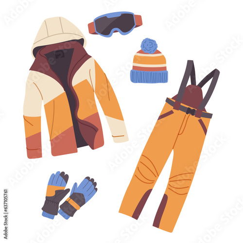 Extreme winter sport outwears clothing kit for recreation activity isolated on white background