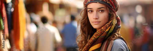 Captivating Moroccan woman, vibrant green eyes, skillful pottery artisan in colorful attire. Sideways pose with blank space, bustling pottery market backdrop.