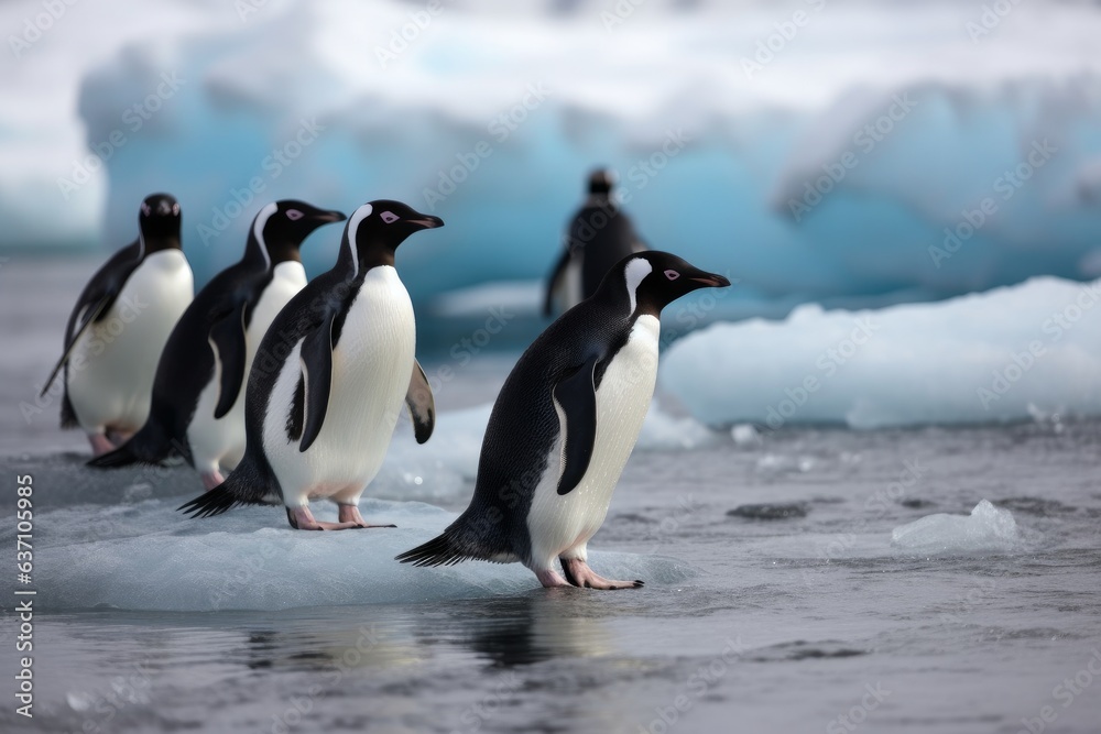A group of penguins standing on top of ice