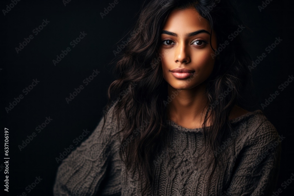 Portrait of a beautiful young woman in sweater on black background. Portrait of a beautiful young woman in sweater on black background.