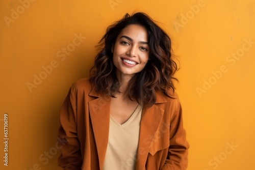 portrait of smiling young woman in beige coat on yellow background