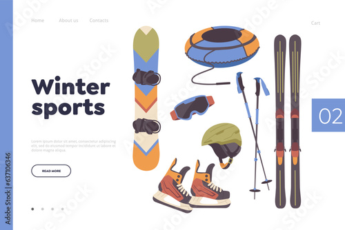 Winter extreme sport professional equipment and clothing wear landing page design template
