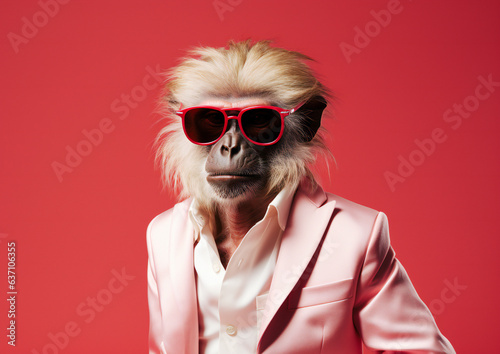 monkey in pink suit  wearing sunglasses on red backgroung. Monkey Business in Style: A Primate in Pink Suit and Sunglasses Against a Bold Red Background © Boris