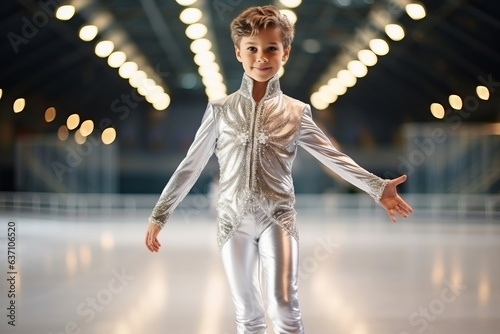 Cute little boy in white sportswear on ice skating rink