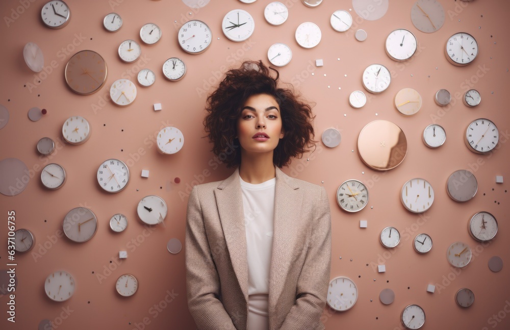 Menstrual cycle syncing concept. Young woman with analog clocks on the wall. Ai generated background - obrazy, fototapety, plakaty 