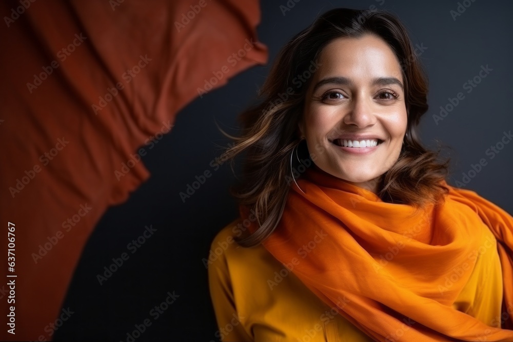 Portrait of a smiling young woman in orange scarf on black background Portrait of a smiling young woman in orange scarf on black background