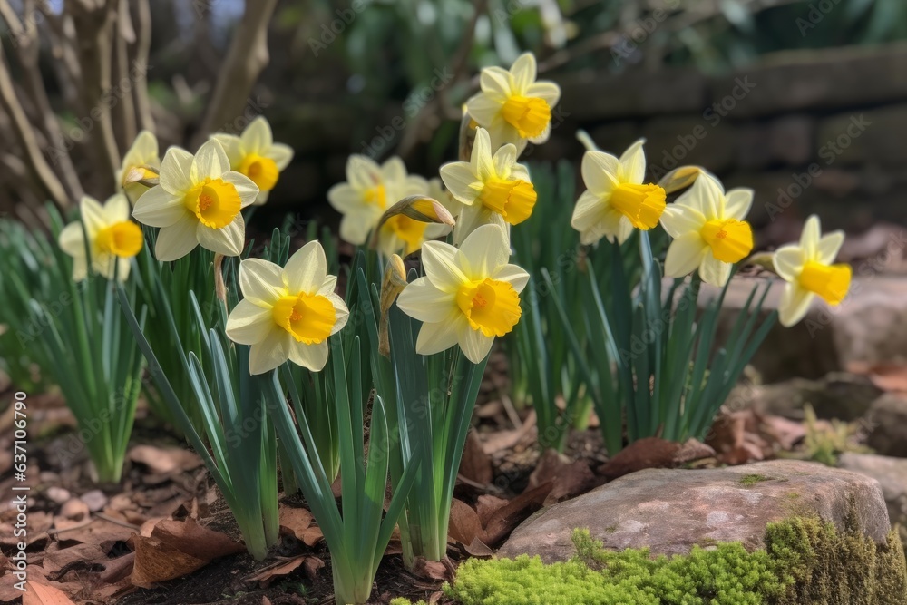 A vibrant display of yellow and white daffodils in a garden A vibrant display of yellow and white daffodils in a garden