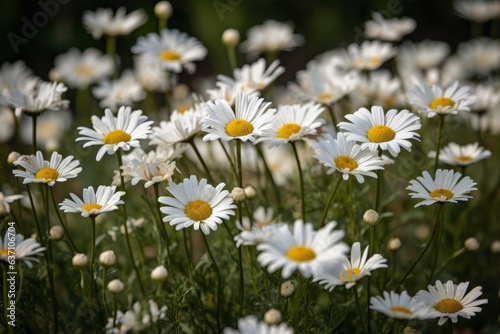 A beautiful field of white daisies with vibrant yellow centers