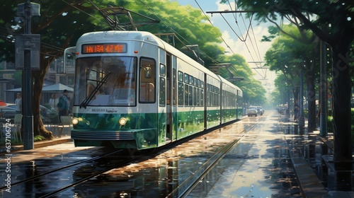  a painting of a green and white train traveling down a rain soaked street. generative ai