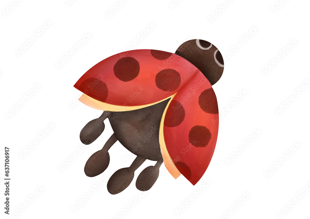 Fototapeta premium cute watercolor ladybug spreads wings and flies up. hand drawn watercolor Nursery childish illustration isolated on transparent background. card wallpaper, scrapbooking, summer design, fabrics