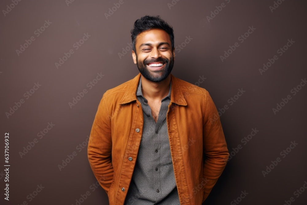 Obraz premium Portrait of a happy young indian man smiling against brown background