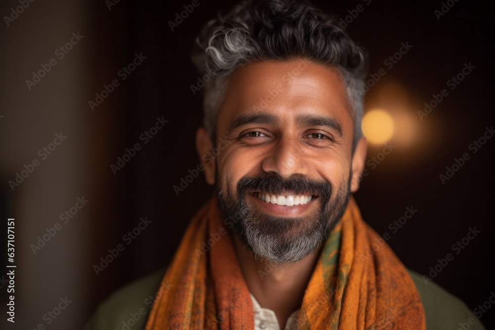 Portrait of a handsome Indian man smiling at the camera while wearing a scarf