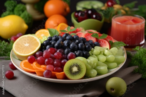 A colorful fruit platter on a white plate