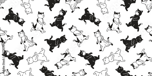 cat seamless pattern walking kitten running neko vector cartoon character pet breed gift wrapping paper tile background repeat wallpaper animal doodle illustration design scarf isolated