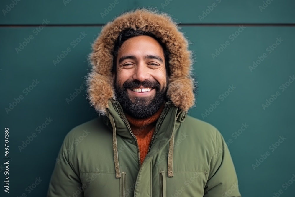 Portrait of a smiling young man in winter clothes standing against green background