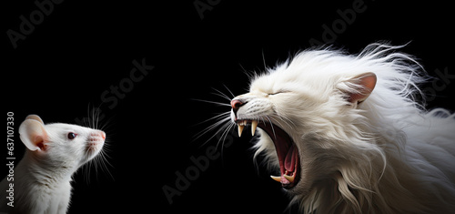 Domestic Cat Shouting at Mouse Isolated on Black Background, Business Meeting Concept, Marital Quarrel Banner. photo