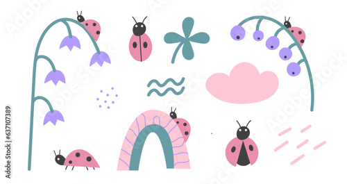 Lady bug set with flowers, abstract elements and rainbow. pastel colours children illustration