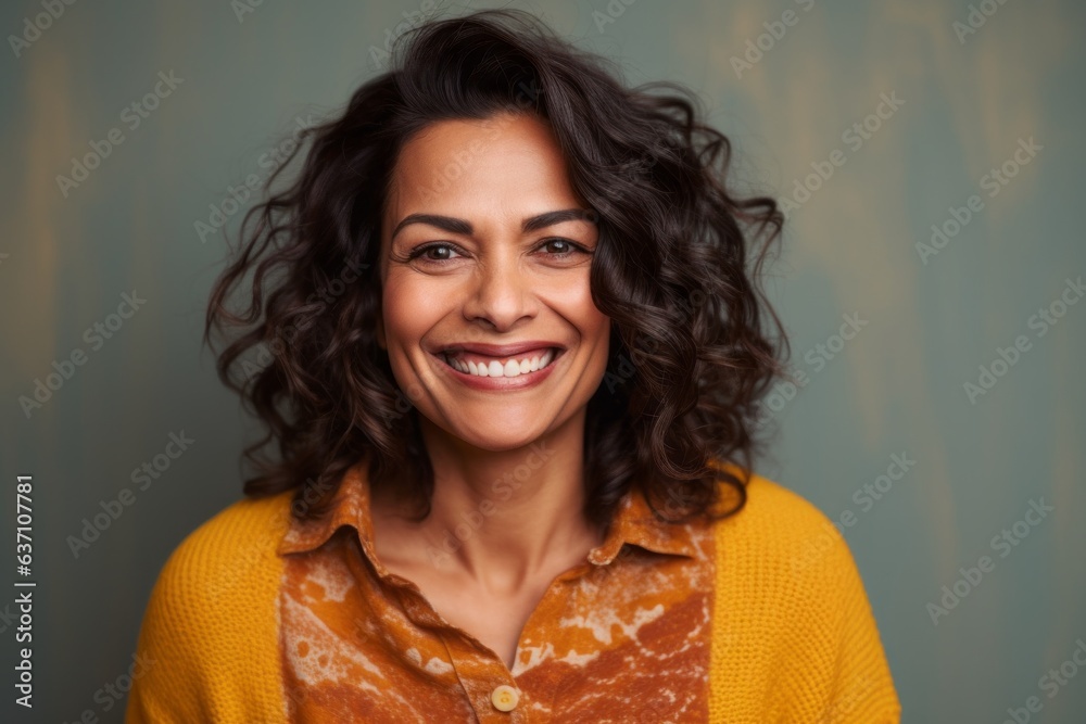 Portrait of a beautiful young woman with curly hair smiling at the camera Portrait of a beautiful young woman with curly hair smiling at the camera