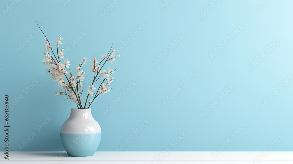  a vase with some flowers in it on a table next to a blue wall.  generative ai