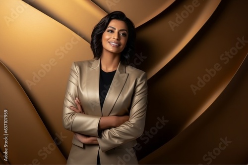 Portrait of a confident businesswoman standing with folded arms over golden background