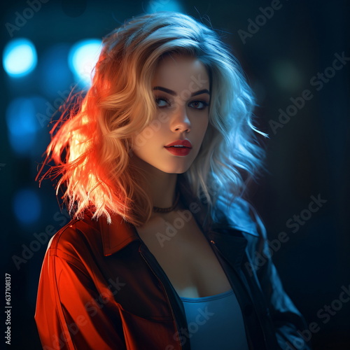 Beautiful woman photo with blonde hair in colorful lights - AI Generated