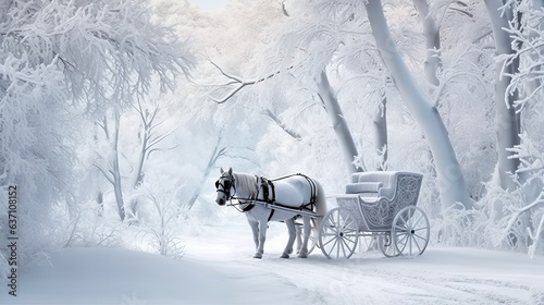  a horse drawn carriage traveling down a snow covered forest road.  generative ai © Olga