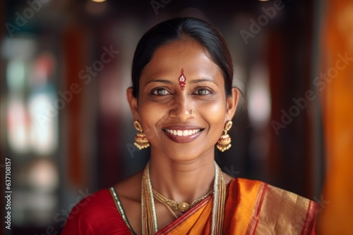 Medium shot portrait of an Indian woman in her 40s wearing bindi and traditional jewelry in an abstract background photo