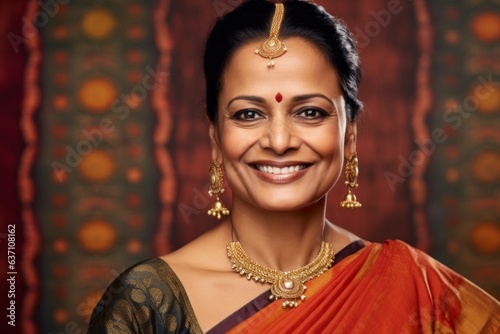 Close-up portrait of an Indian woman in her 40s wearing bindi and traditional jewelry in an abstract background photo